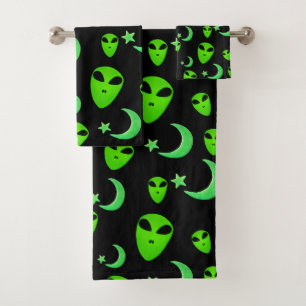 Glowing Aliens, Crescent Moon and Stars on Black Bath Towel Set