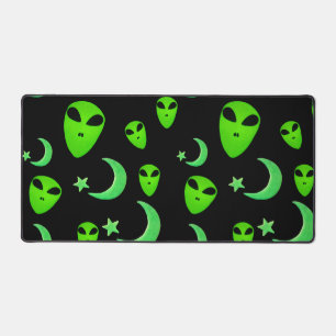 Glowing Aliens, Crescent Moon and Stars on Black Desk Mat