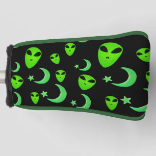 Glowing Aliens, Crescent Moon and Stars on Black Golf Head Cover