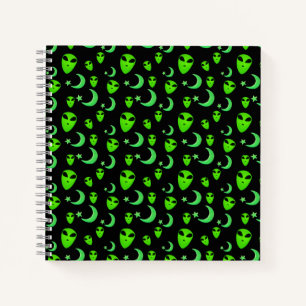 Glowing Aliens, Crescent Moon and Stars on Black Notebook