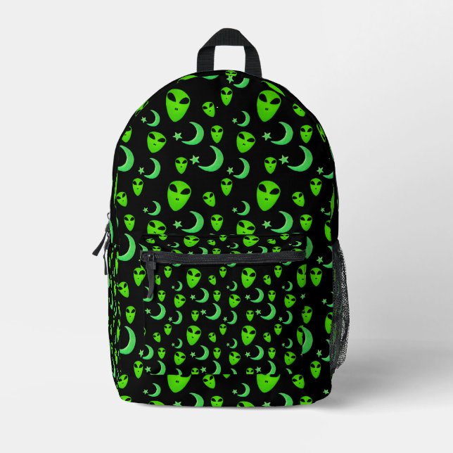 Glowing Aliens, Crescent Moon and Stars on Black Printed Backpack (Front)