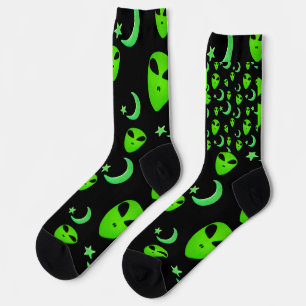 Glowing Aliens, Crescent Moon and Stars on Black Socks