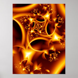 Glowing Amber and Gold Liquid Fire Fractal Art Poster