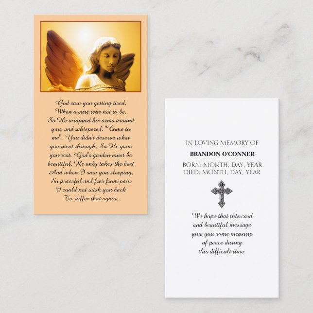 Glowing Angel Yellow Gold Orange Sympathy Prayer Business Card (Front/Back)
