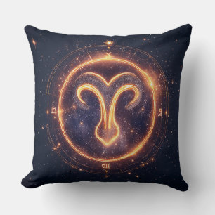 Glowing Aries Zodiac Symbol on a Starry Space Cushion