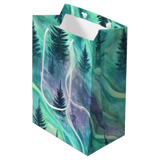 Glowing Aurora Over Pine Forest Night Scene Medium Gift Bag (Front Angled)