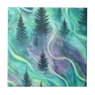 Glowing Aurora Over Pine Forest Night Scene Tile