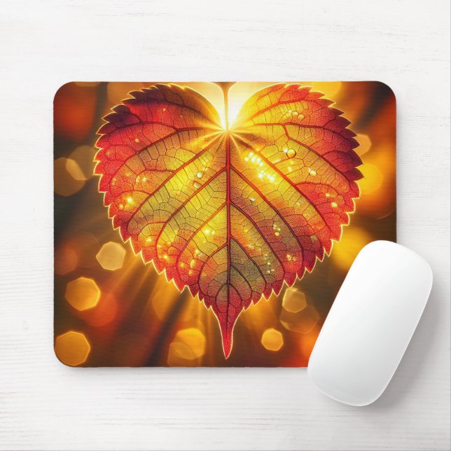 Glowing Autumn Heart Leaf Mouse Mat (With Mouse)