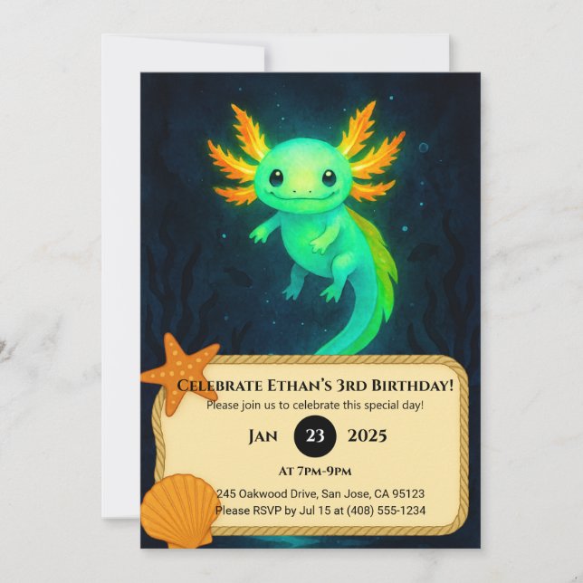 Glowing Axolotl in Deep Waters Birthday  Invitation (Front)