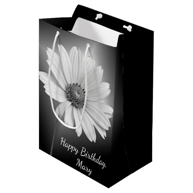 Glowing Birthday Daisy on Black with Name Medium G Gift Bag (Front Angled)