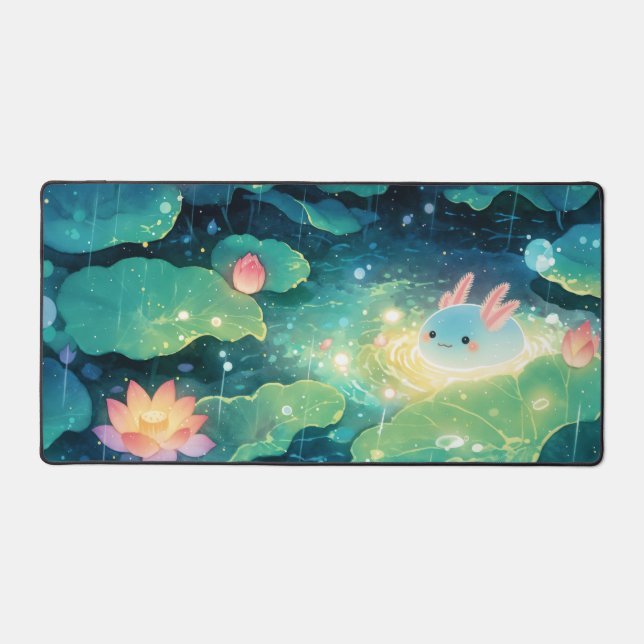 Glowing Blue Axolotl Rainy Night Lotus Pond Desk Mat (Front)
