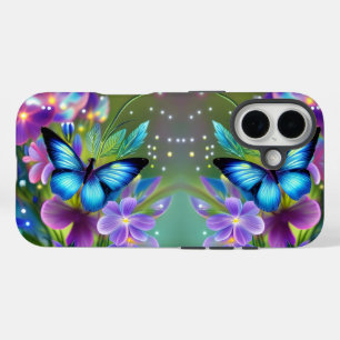 Glowing Blue Butterfly in Fairy Garden iPhone 16 Case