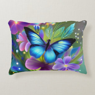 Glowing Blue Butterfly in Fairy Garden  Decorative Cushion