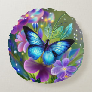 Glowing Blue Butterfly in Fairy Garden Round Cushion