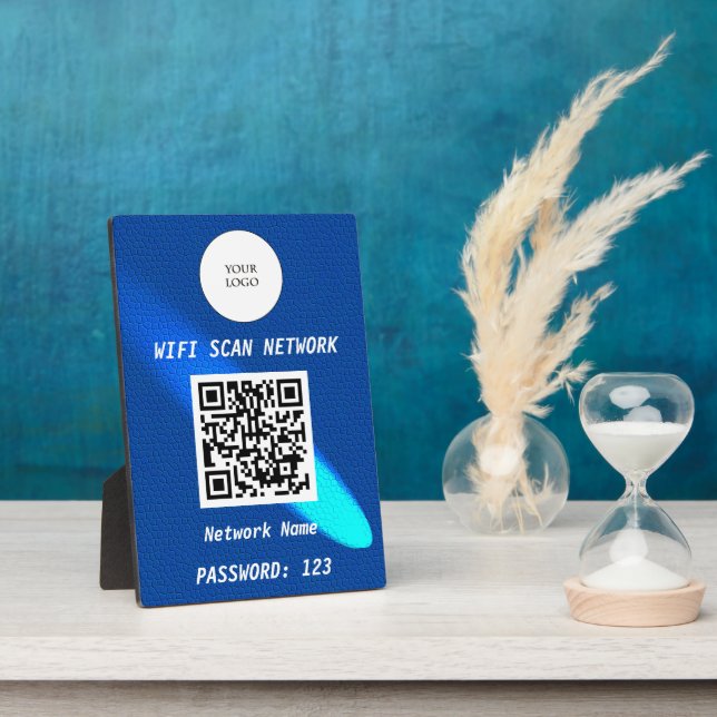 Glowing Blue Leather Free Wifi Scan & QR Code Plaque (Side)
