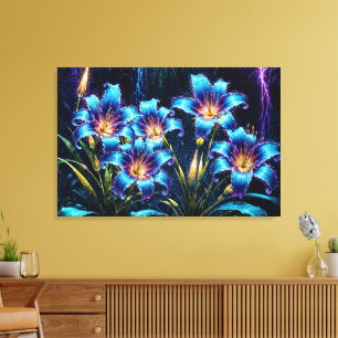 Glowing blue lilies night vibrant floral fantasy canvas print