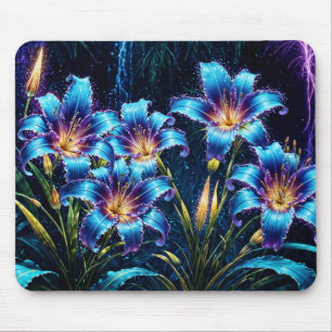 Glowing blue lilies night vibrant floral fantasy mouse mat