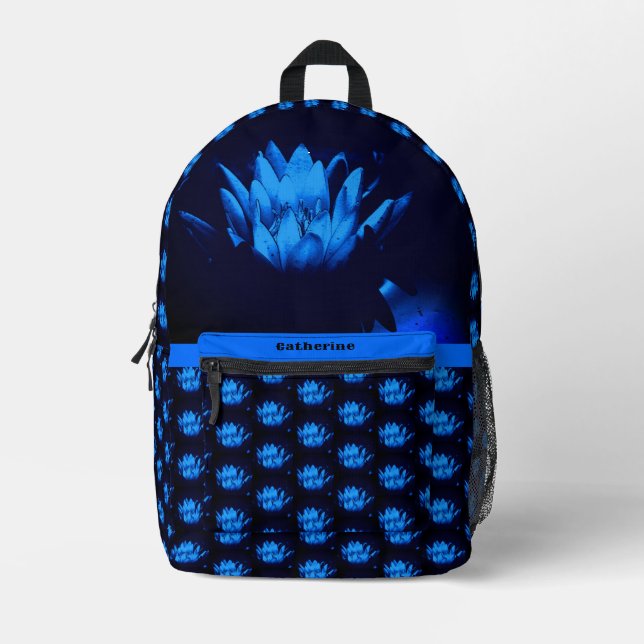 Glowing Blue Lotus Lily Flower Personalised Printed Backpack (Front)