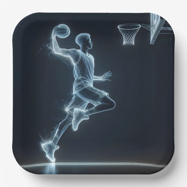 Glowing Blue Neon Basketball Player  Paper Plate (Front)