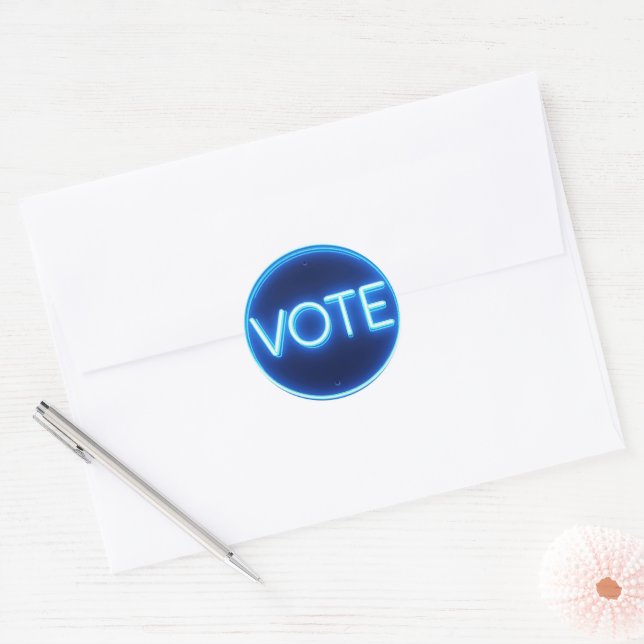 Glowing Blue Neon Vote Sign Classic Round Sticker (Envelope)
