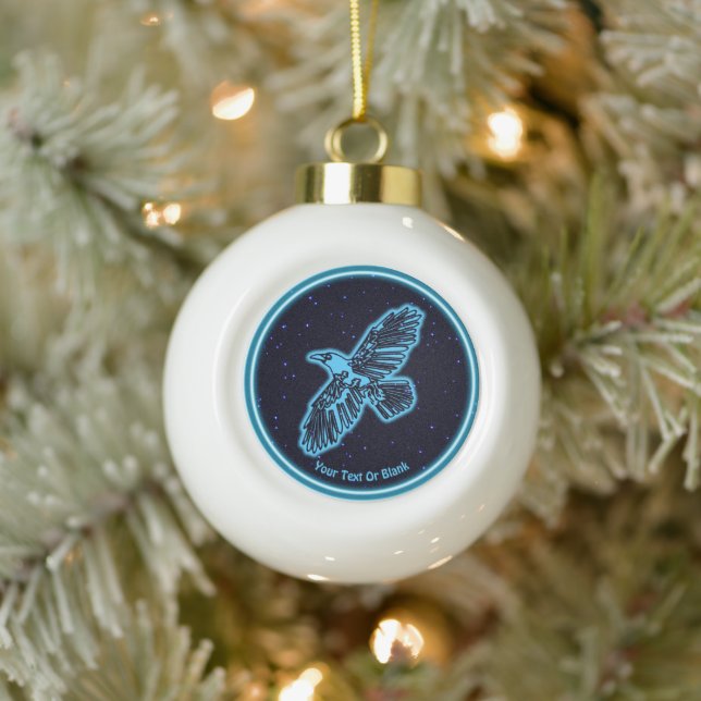 Glowing Blue Raven On Stars Ceramic Ball Christmas Ornament (Tree)