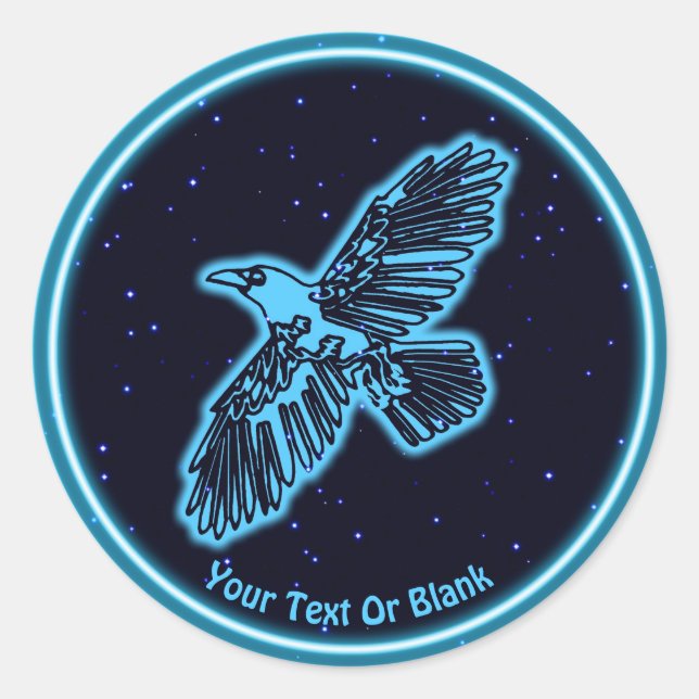 Glowing Blue Raven On Stars Classic Round Sticker (Front)