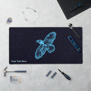 Glowing Blue Raven On Stars Desk Mat
