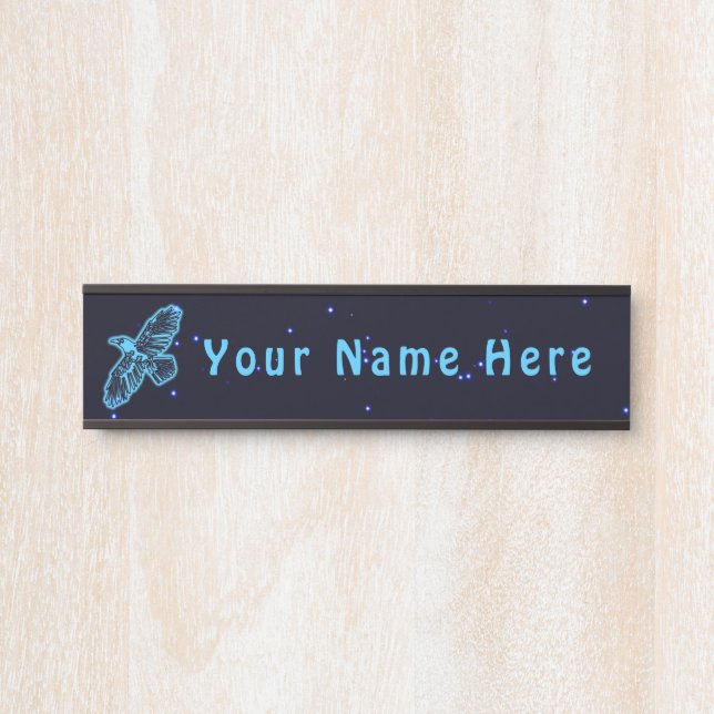 Glowing Blue Raven On Stars Door Sign (Front)