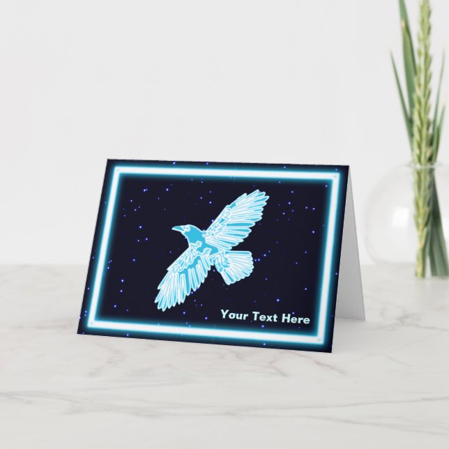 Glowing Blue Raven On Stars Holiday Card (Front)