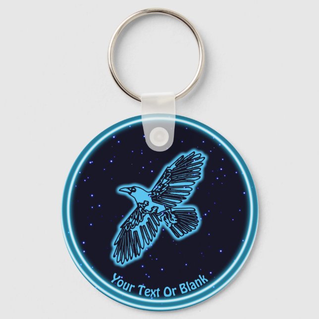 Glowing Blue Raven On Stars Key Ring (Front)