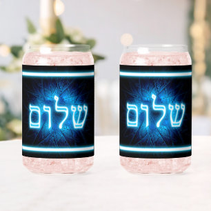 Glowing Blue Shalom On Etched Star of David Can Glass