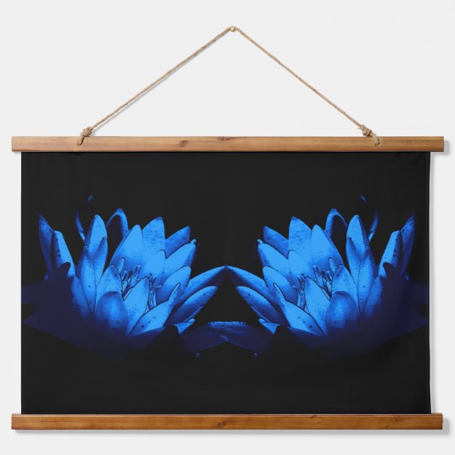 Glowing Blue Water Lily Lotus Flower Abstract Hanging Tapestry (Front)