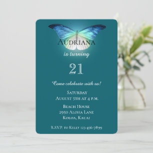 Glowing blue white butterfly Birthday Invitation