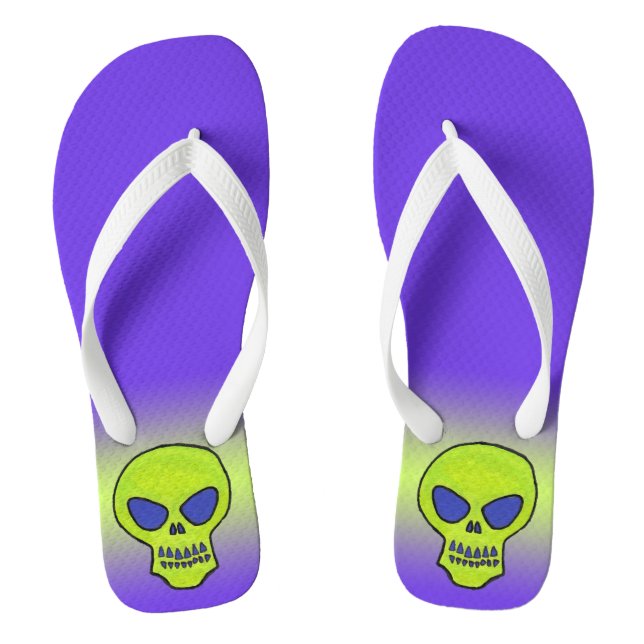 Glowing Bright Green Alien Skull Teeth Purple Flip Flops (Footbed)