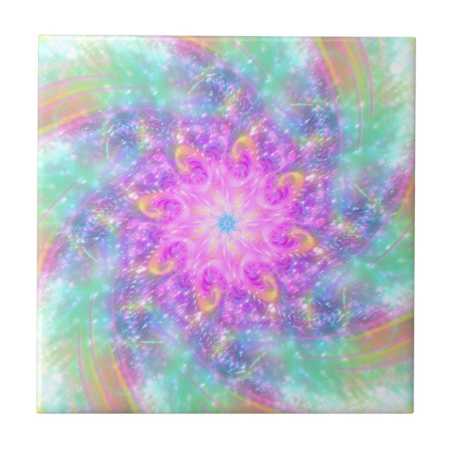 Glowing Bright Lights Colorful Spiral Mandala Art Tile (Front)
