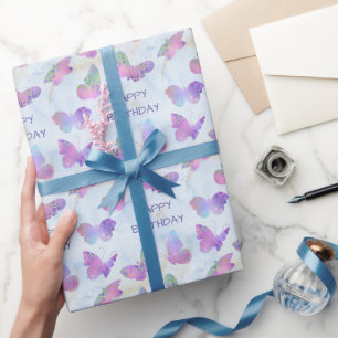 Glowing Butterflies on Abstract Blue Birthday Wrapping Paper