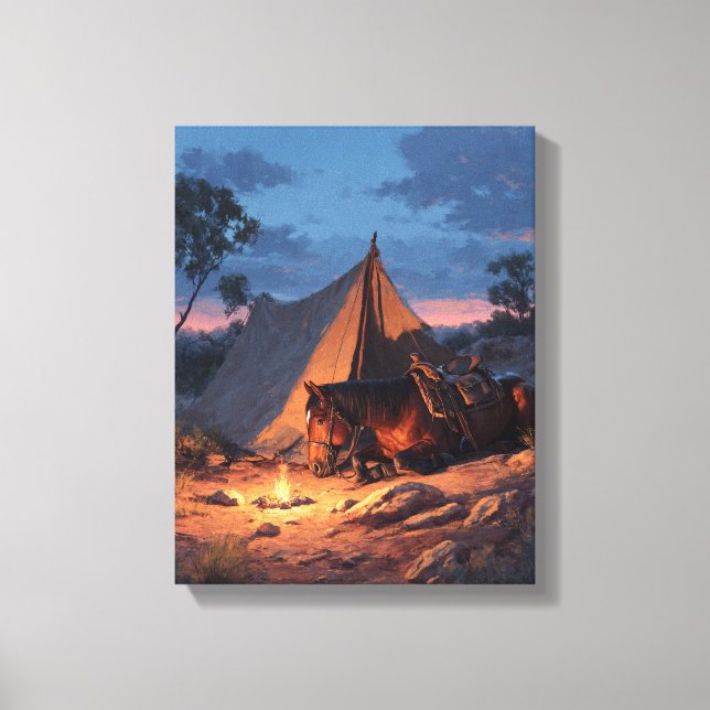 Glowing Campfire Tent Sunset Painting Canvas Print (Front)