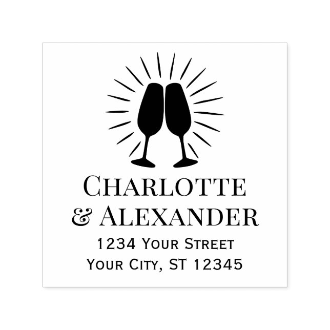 Glowing Champagne Glasses Couple Names Address Self-inking Stamp (Design)
