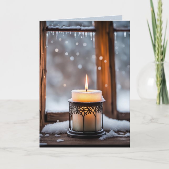 Glowing Christmas Candle In Snow Holiday Card (Front)
