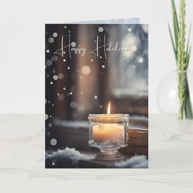 Glowing Christmas Candle In Snow Holiday Card (Front)