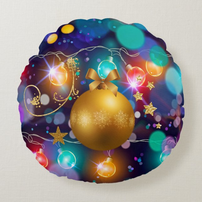 Glowing Christmas Lights Bokeh Golden Ornament Round Cushion (Front)