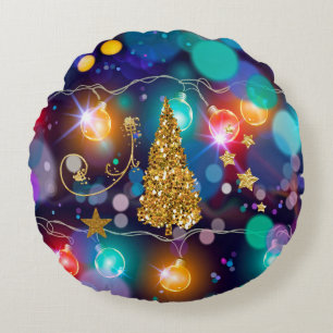 Glowing Christmas Lights Bokeh Golden Tree & Stars Round Cushion