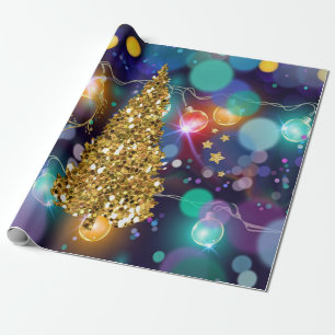 Glowing Christmas Lights Bokeh Golden Tree Wrapping Paper