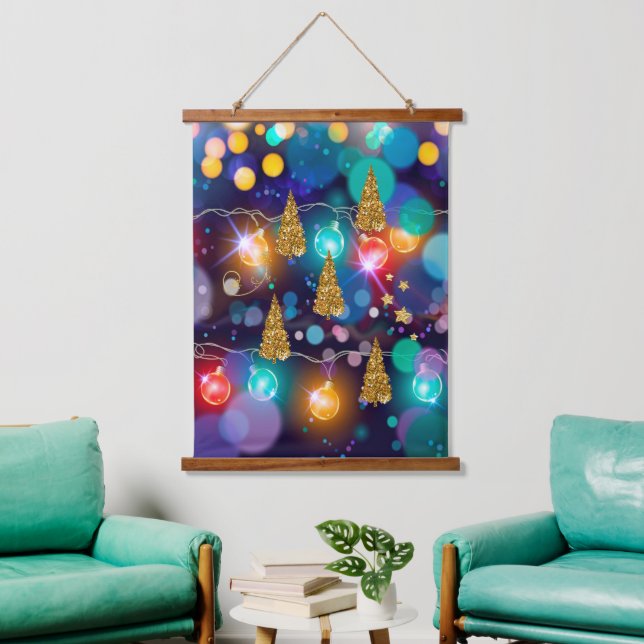 Glowing Christmas Lights Bokeh Golden Trees Hanging Tapestry (Living Room)