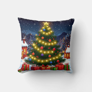 Glowing Christmas Tree In Snowy Village At Night Cushion