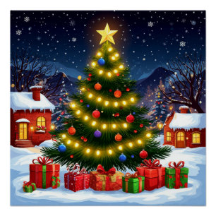 Glowing Christmas Tree In Snowy Village At Night Poster