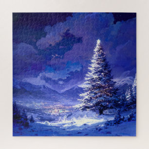 Glowing Christmas Tree Snowy Mountain Landscape Jigsaw Puzzle