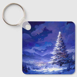 Glowing Christmas Tree Snowy Mountain Landscape Key Ring