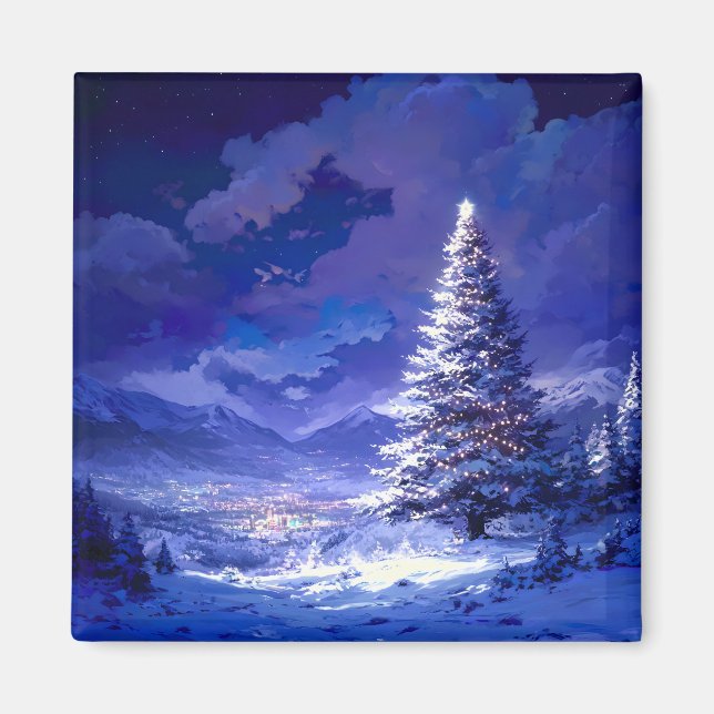 Glowing Christmas Tree Snowy Mountain Landscape Magnet (Front)