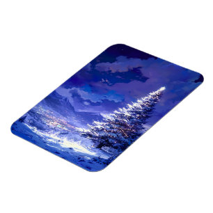 Glowing Christmas Tree Snowy Mountain Landscape Magnet
